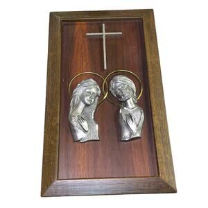 Vintage Italy Pewter Jesus Mary Wood Wall Plaque Catholic Religious Decor